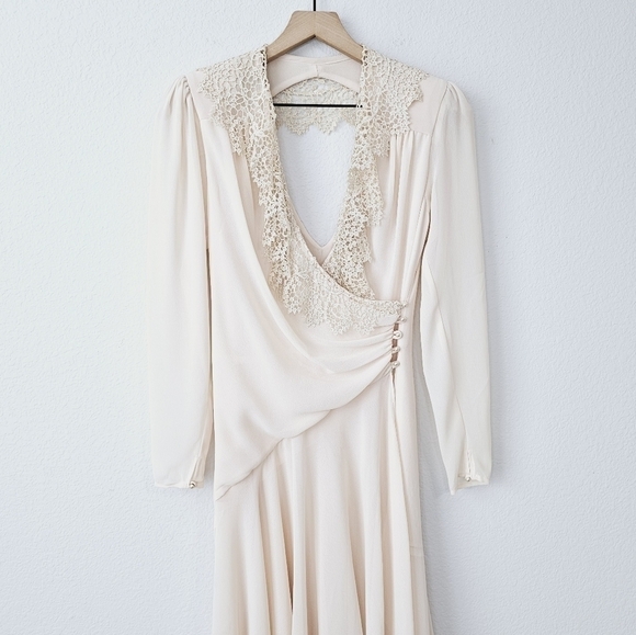 Vintage J.Harris 80s Wrap Lace Chiffon Pearls Romantic Long Sleeve Midi Dress - Picture 4 of 16